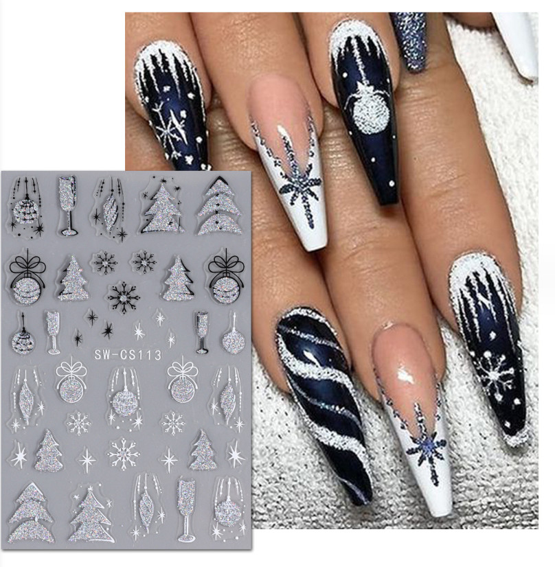 3D Glitter Christmas Snowflake French Feather Nail Art Sticker Manicure DIY NH22
