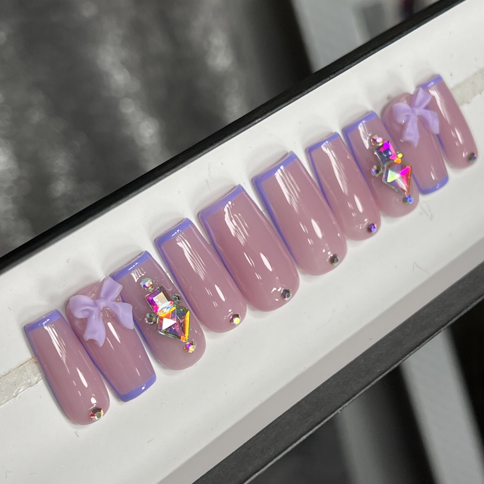 💜💎 CUSTOM Press On Nails FRENCH PURPLE BOW BLING Rhinestones 10p SET W Kit