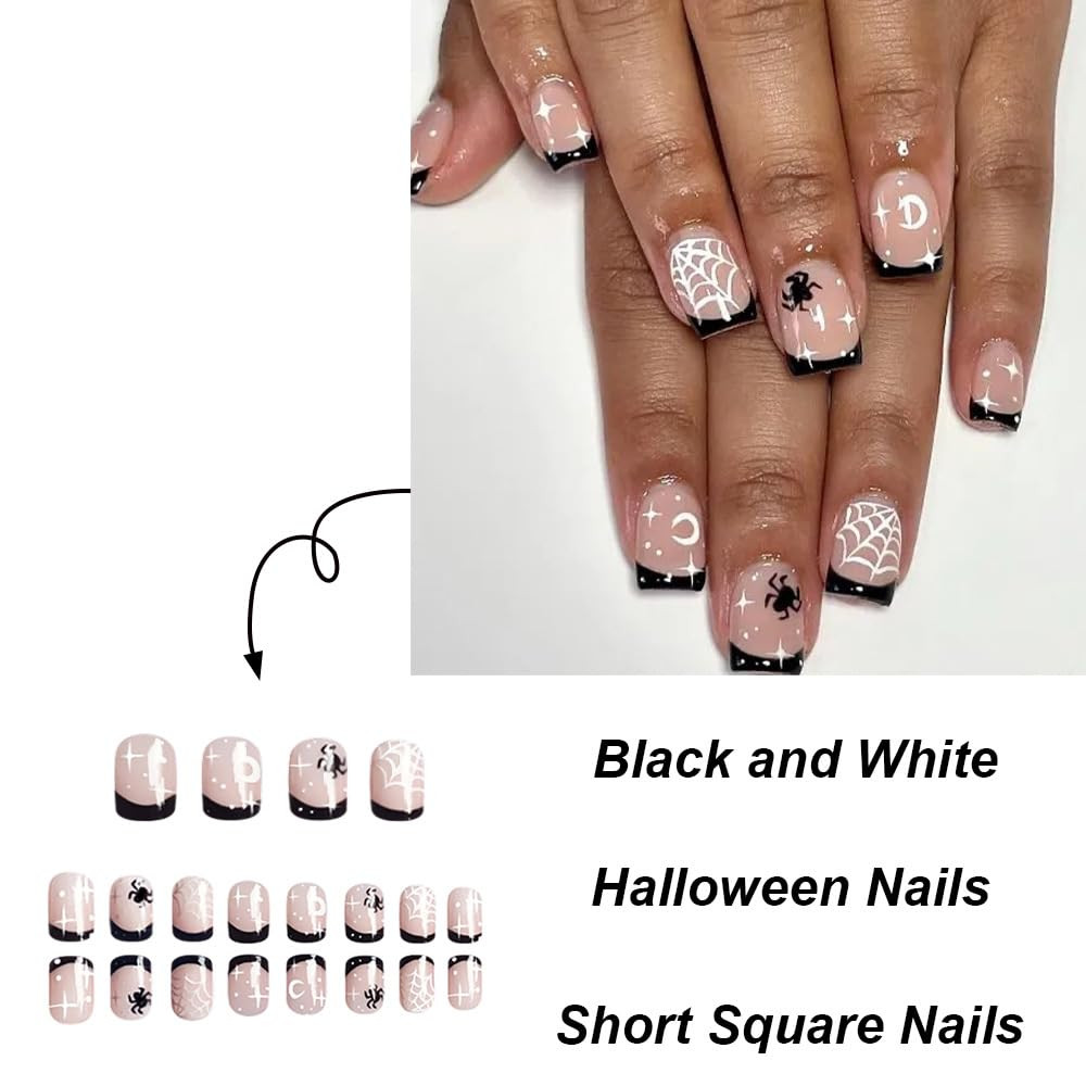 Halloween Press on Nails French Tip Acrylic Nails Press Ons Short Square Black N