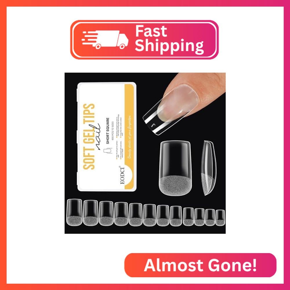 EODCI Gel Nail Tips Short Square, 600Pcs Pre-Shaped Soft Clear Full Cover False
