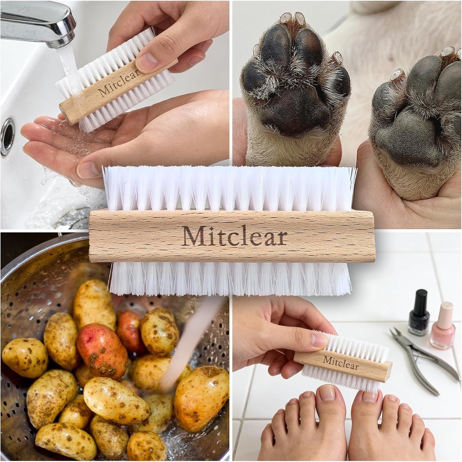 Mitclear Wooden Nail Brush, Nail Scrubbing Brushes with Hard Plastic Bristle