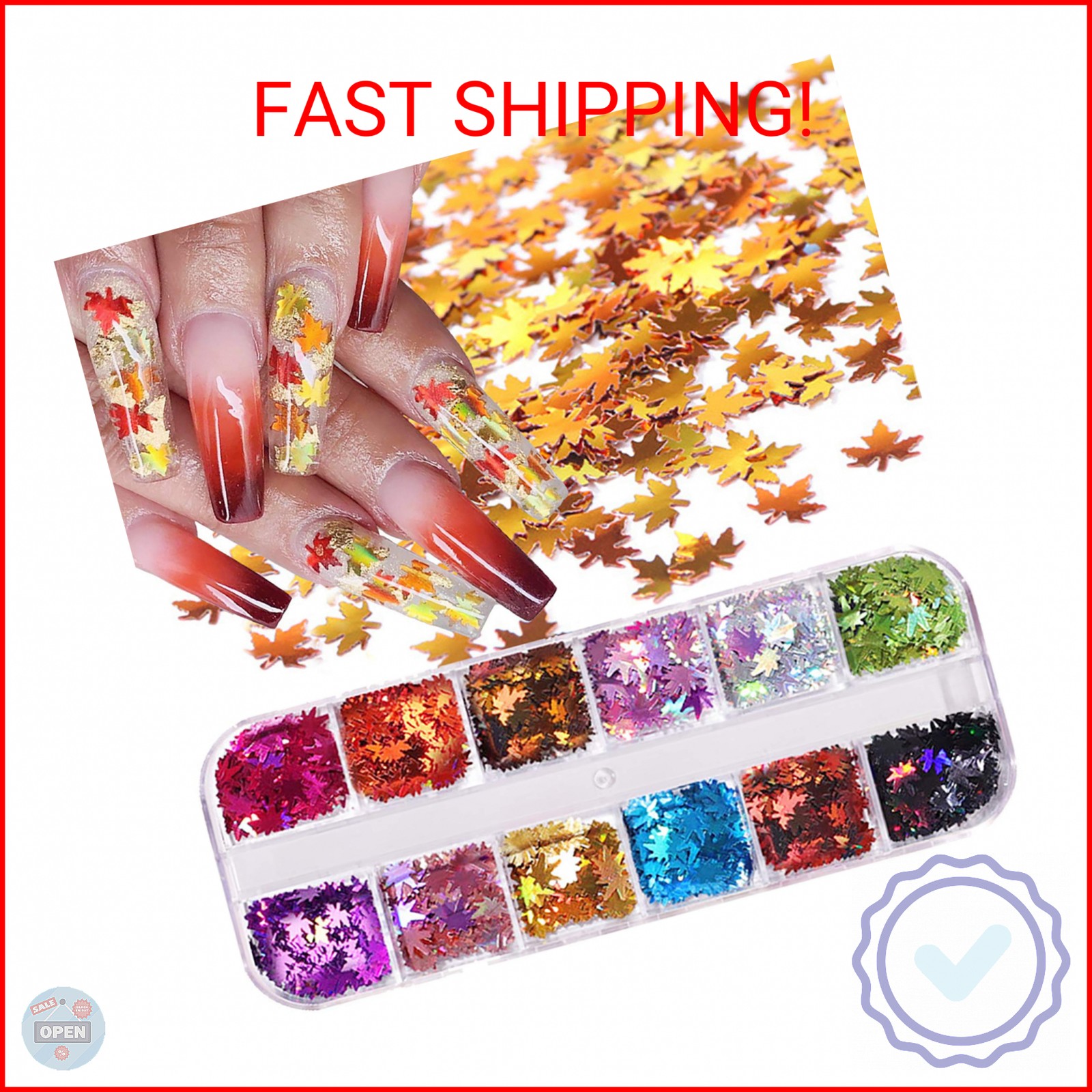 12 Colors Fall Leaf Glitter Nail Sequins – 3D Maple Leaf Holographic Nail Art Fl