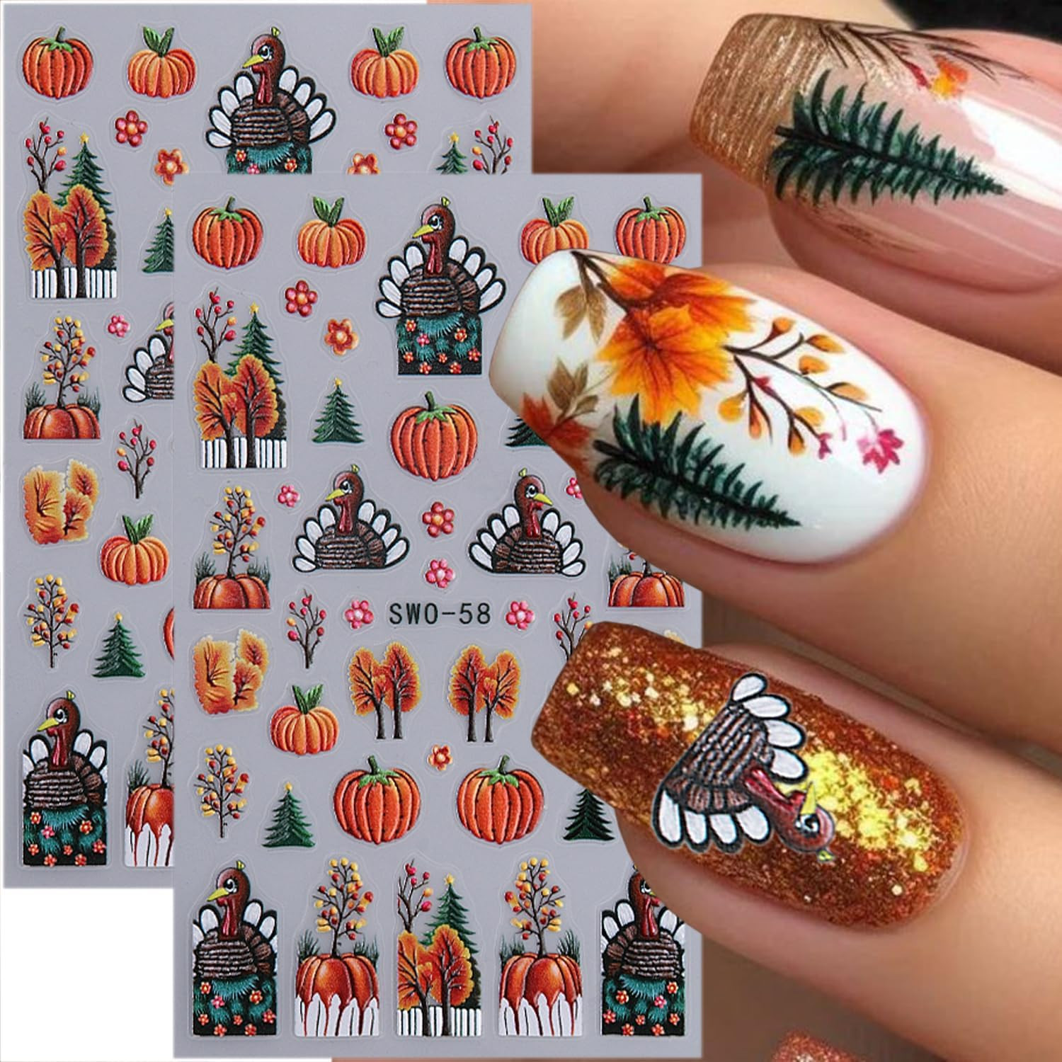 2 Sheets Thanksgiving Nail Stickers for Nail Art 5D Self-Adhesive Fall Nail Art