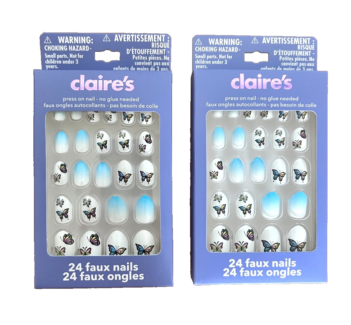 Lot of 2 Pack Claire’s Press On Nail Faux Nails Butterflies Butterfly Set