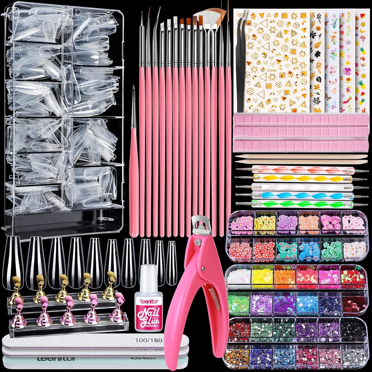 Teenitor Press On Nail Kit: Coffin Tips, Brushes, Glitter & Rhinestones