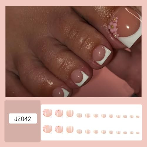 Pink Flower Press on Toenails White French Tips Fake Toe Nails Short Nude