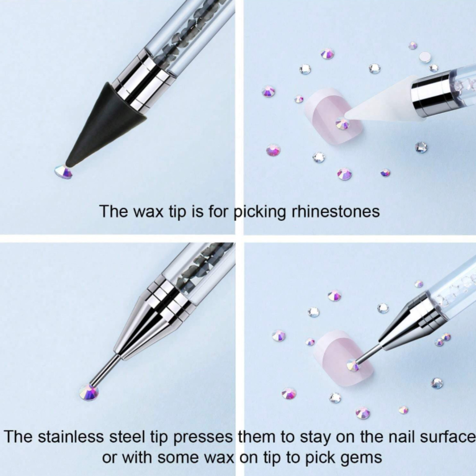 Double-Ended Rhinestone Dotting Pen Nail Art Wax Picker Crystal Stylus Tool DIY