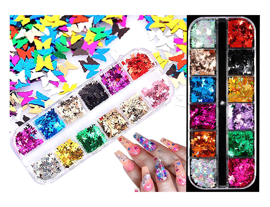 3D Nail Art Rhinestone Glitter Laser Butterfly Foils Flakes Nail Decoration SET