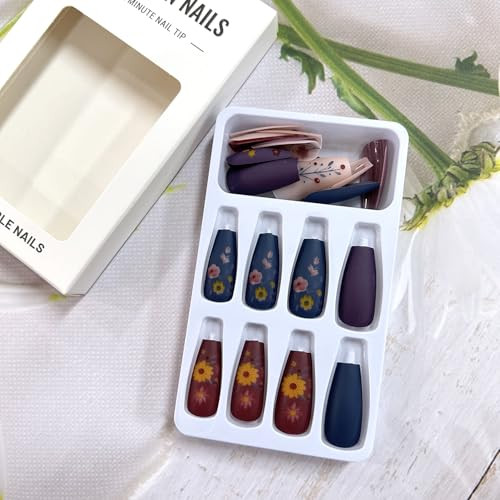 Colorful Flower Press on Nails Medium Ballet Shaped Coffin Nails Matte Stripe