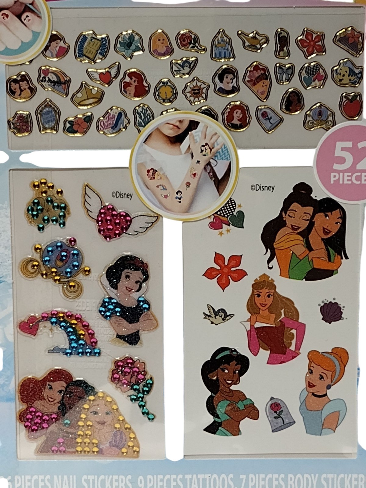 3 Disney Princess Kids Cartoon NAIL BODY STICKER ART SET Temporary Tattoos Decal