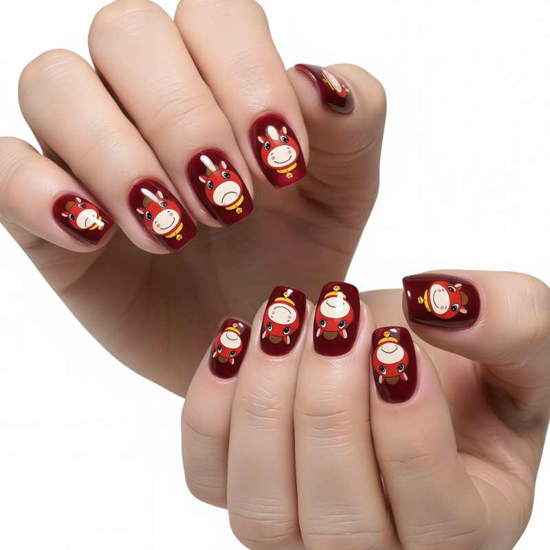 48Pcs Short Square Red Cartoon Horse Press on Nails Cute Holiday Party Wear