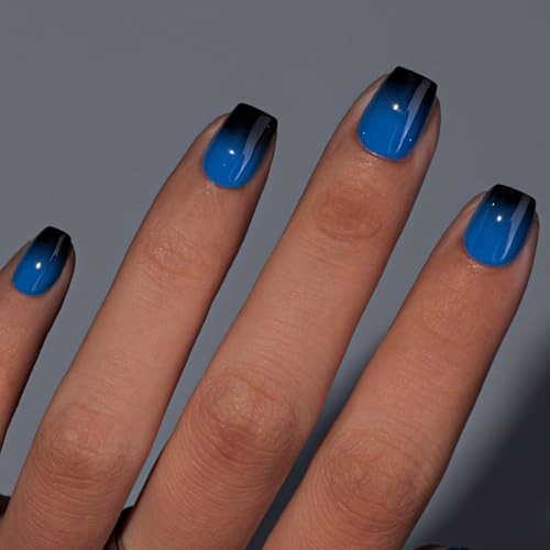 Press On Nails Short, Ombre Blue Black Press On Nails Square, Dark ombre blue