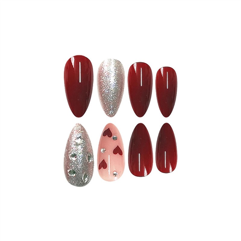 Almond Glitter Press On Nails Double Sided Love Heart Removable