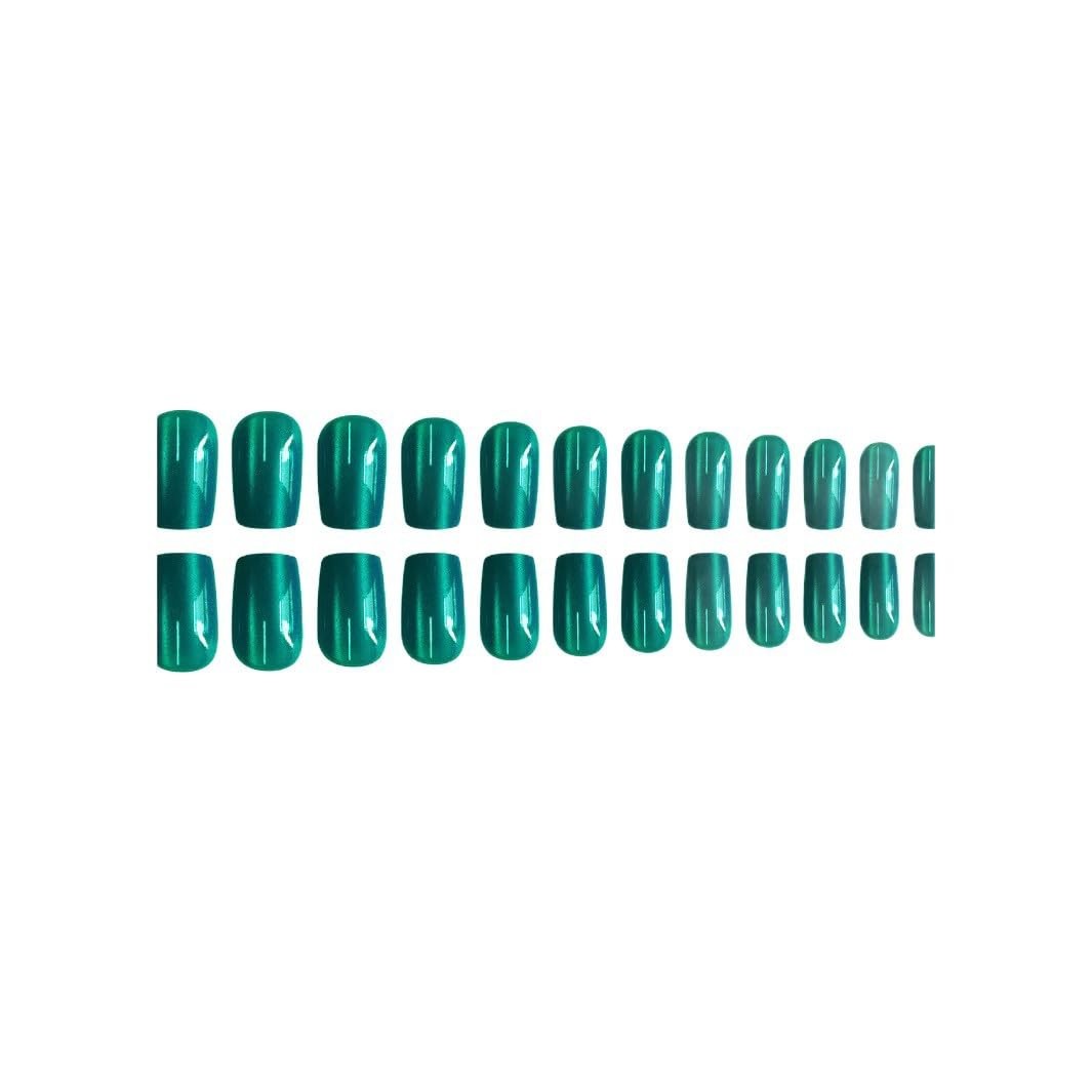 Dark Green Press on Nails Short Square Fake Nails Glossy Cat Eye Acrylic Fals…