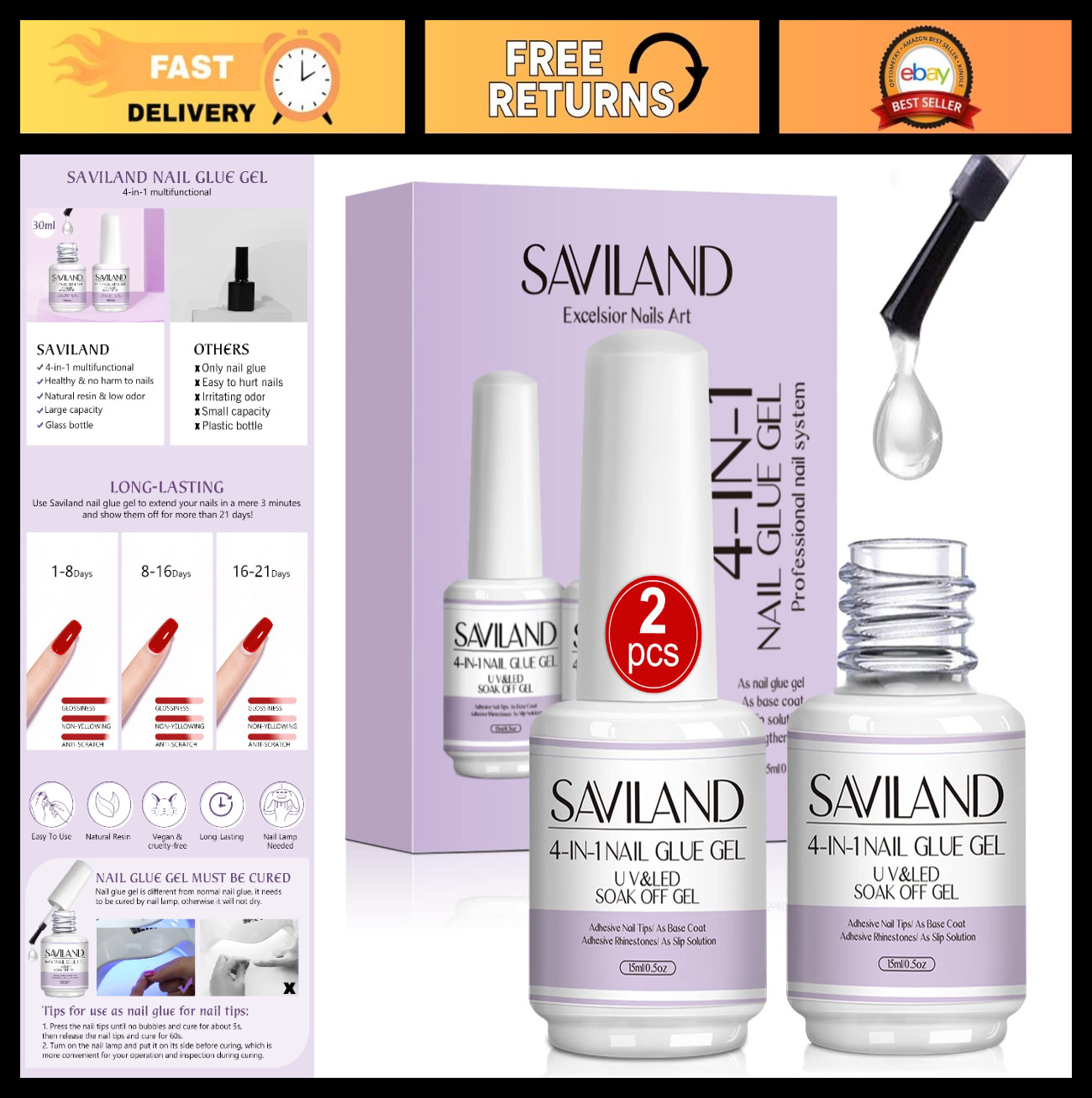 4-in-1 Nail Glue for Press Ons – 2 pcs Extra Strong UV Adhesive, Hema Free, 30 D