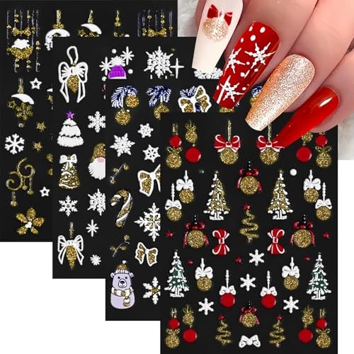 4 Sheets 5D Embossed Christmas Nail Art Stickers Decals Snowflake xmas cane
