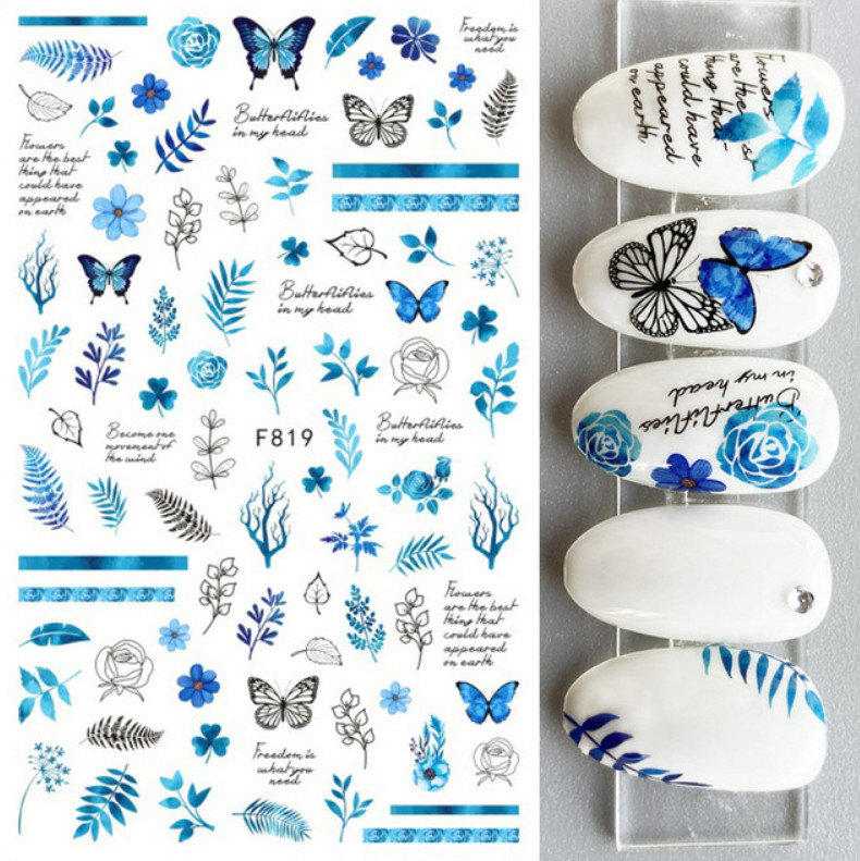 Nail Art Sticker Decal Blue Butterflies Floral Flower Leaves F819 NH21