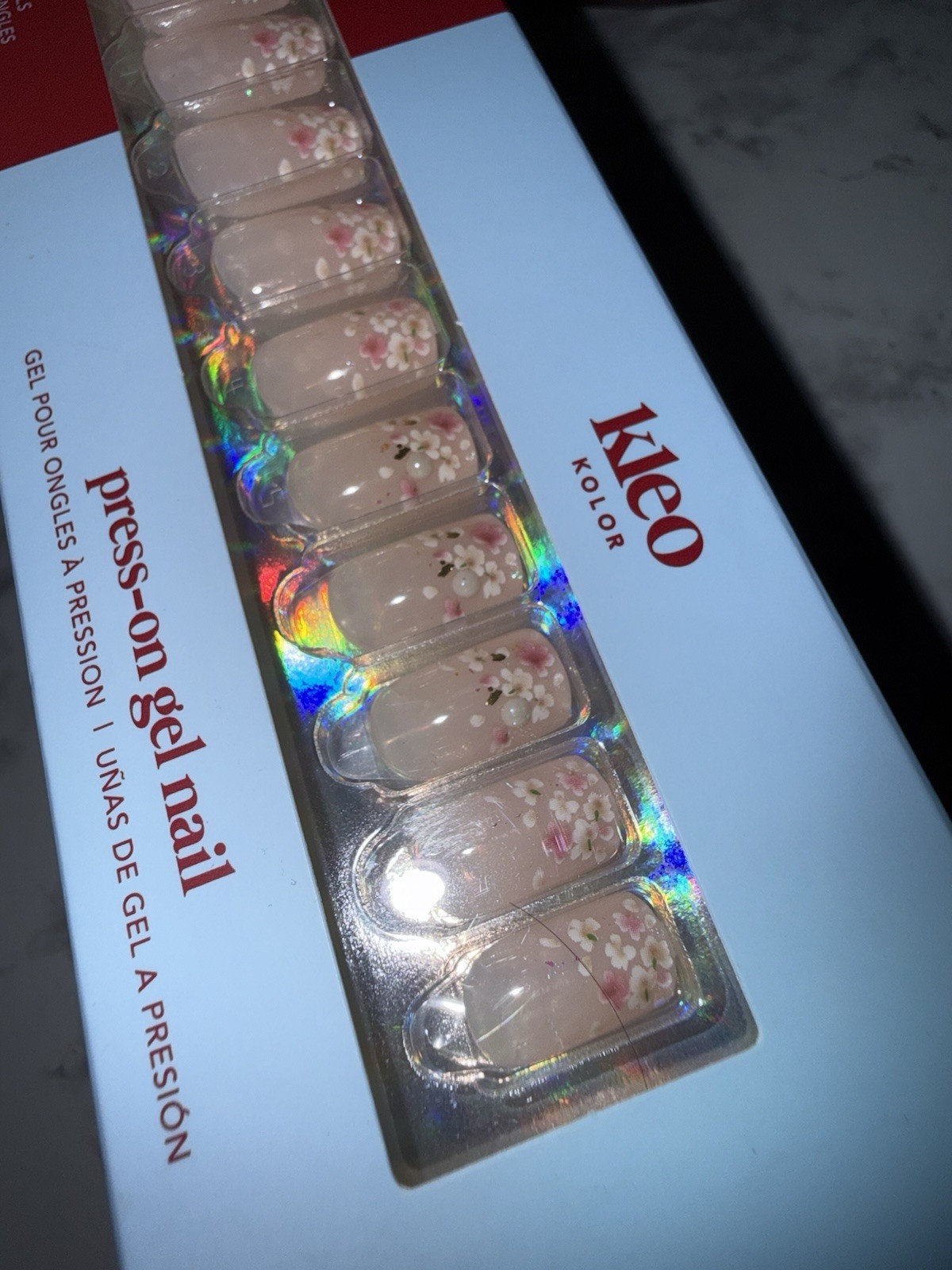 New Kleo Kolor Press-On Gel Nails – Long Square Floral Fields Flowers Pearls