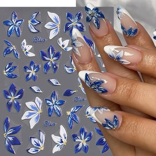 2 Sheets Flower Nail Stickers for Nail Art 5D Embossed Nail Decals blue flowers