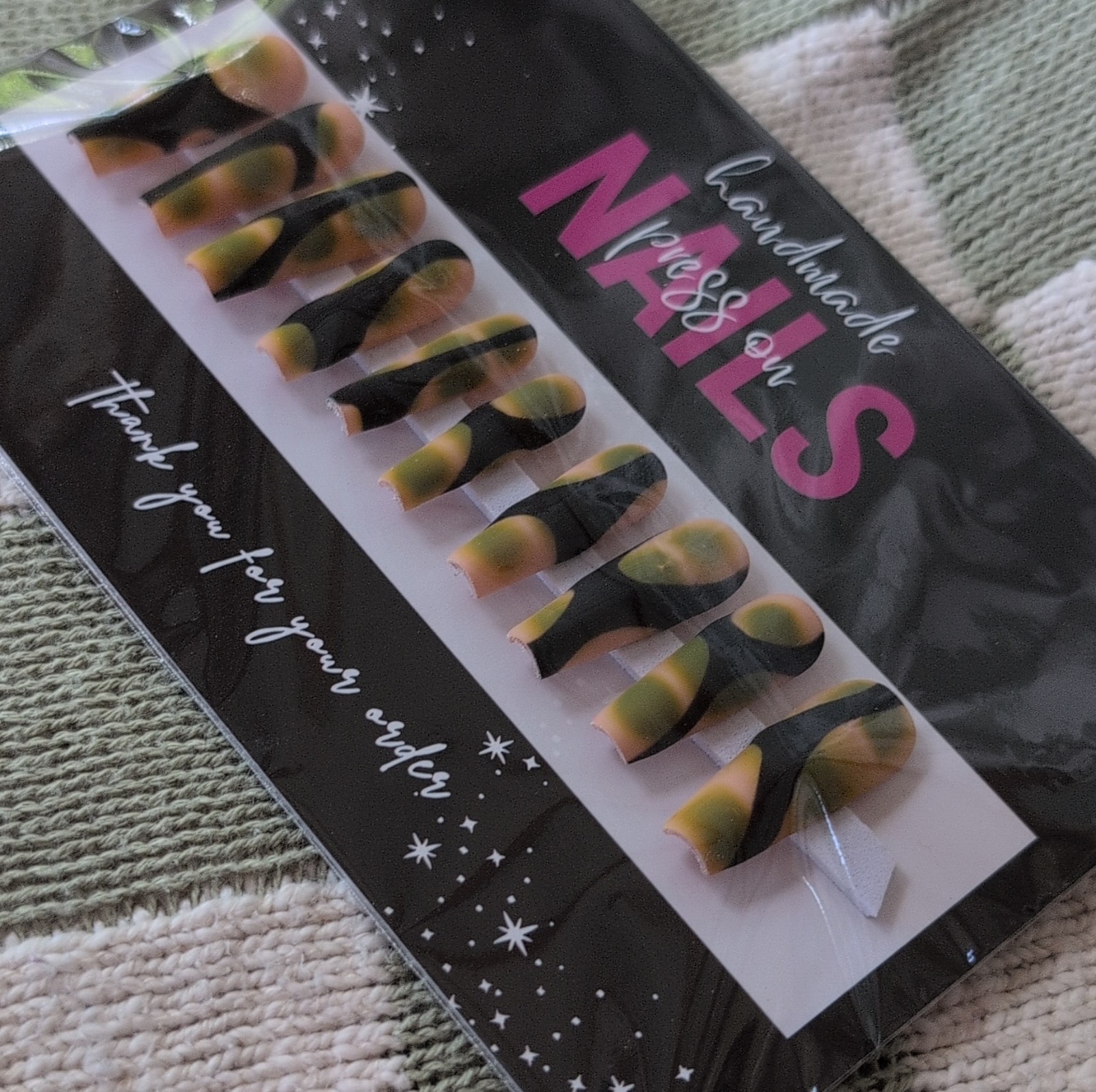 Handmade Press-On Nails Matte Black Green Nude Abstract Square Sized Medium