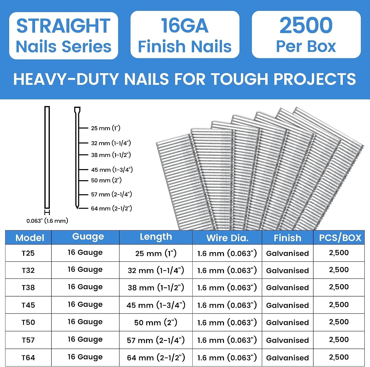 Rust-Proof 16 Gauge 1 Inch Finish Nails – 2500PCS for Precision Carpentry