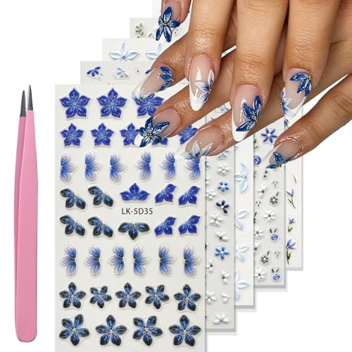 Nail Art Stickers Decals 5D Embossed Flower Nail Decals Self Adhesive Spring