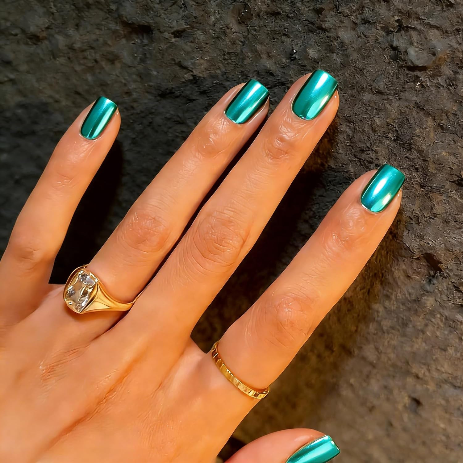 30PCS Short Square Chrome Press On Nails Teal Blue Glitter Fake Nails for Women