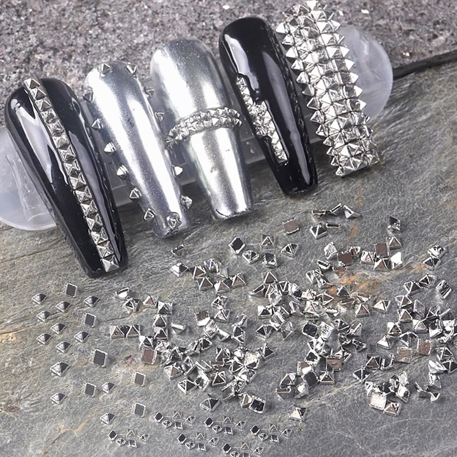 3D Silver Pyramid Nail Studs 600 PCS Metal Charms for Nail Art & Crafts