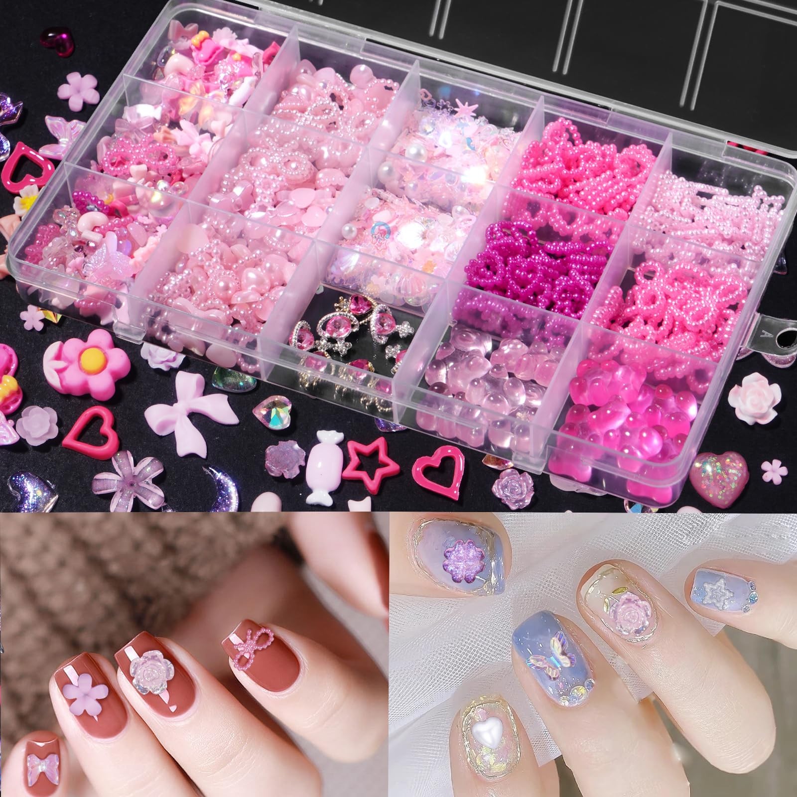 3D Pink Color Assorted Pearls Gems Nail Charms Heart Butterfly Bow Bear Nail …