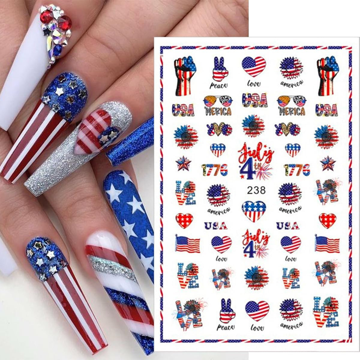 6Pcs 4Th of July Nail Art Stickers Decals Red Blue White Flag 3D Self-Adhesive N
