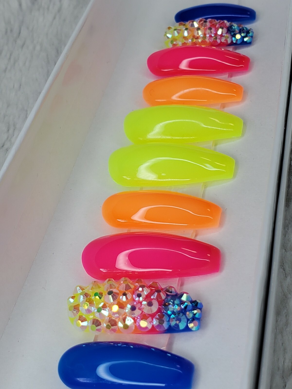 Neon Rainbow ombre bling nails w/ crystals Gel Press On jelly nails full set