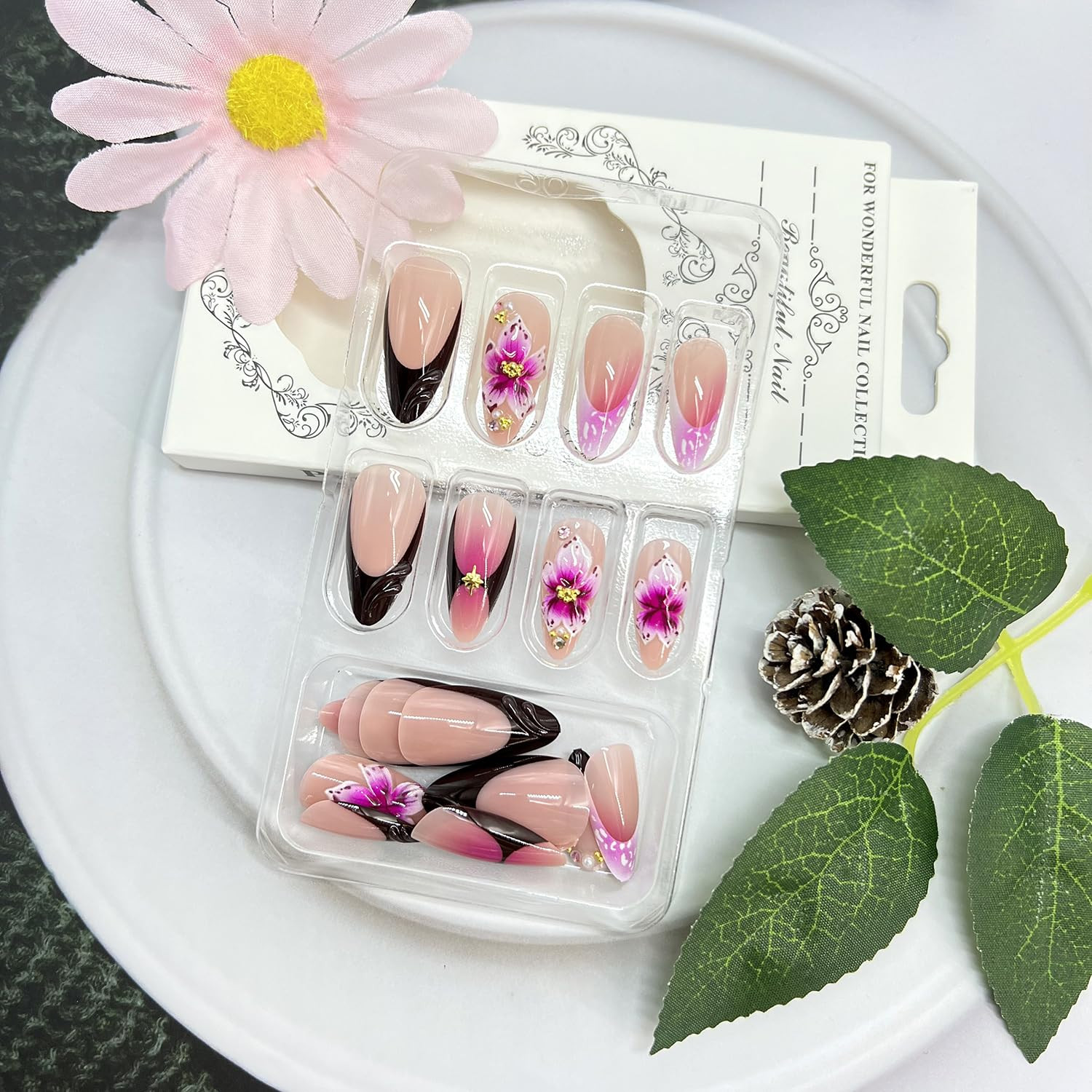 3D Purple Flower Press on Nails Medium Almond Fake Nail Black French Tip False N