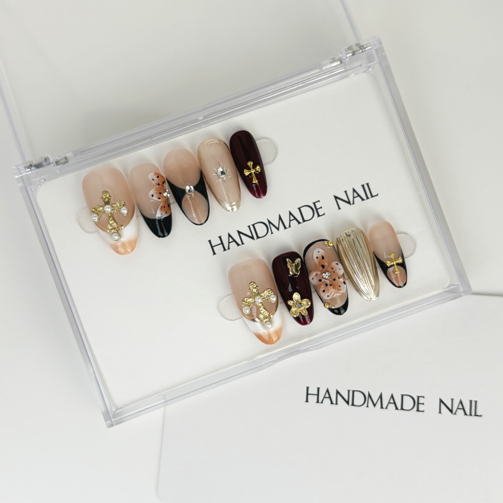 Sweet Gothic Rococo Press-On Nails with Pearl Cross & Metallic Accents Almond
