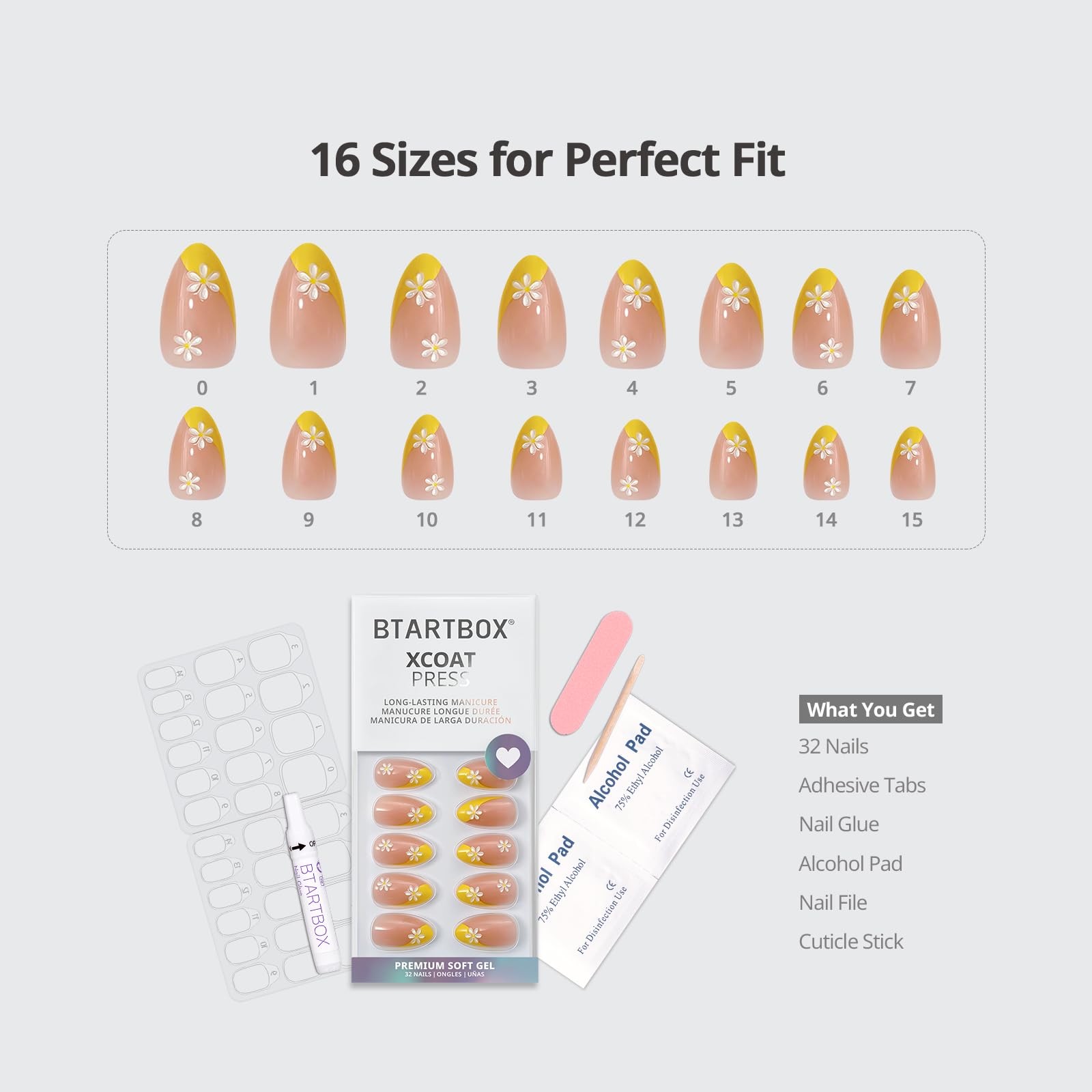 Press On Nails, Daisy, Short Almond, Yellow French Tips, 32Ct