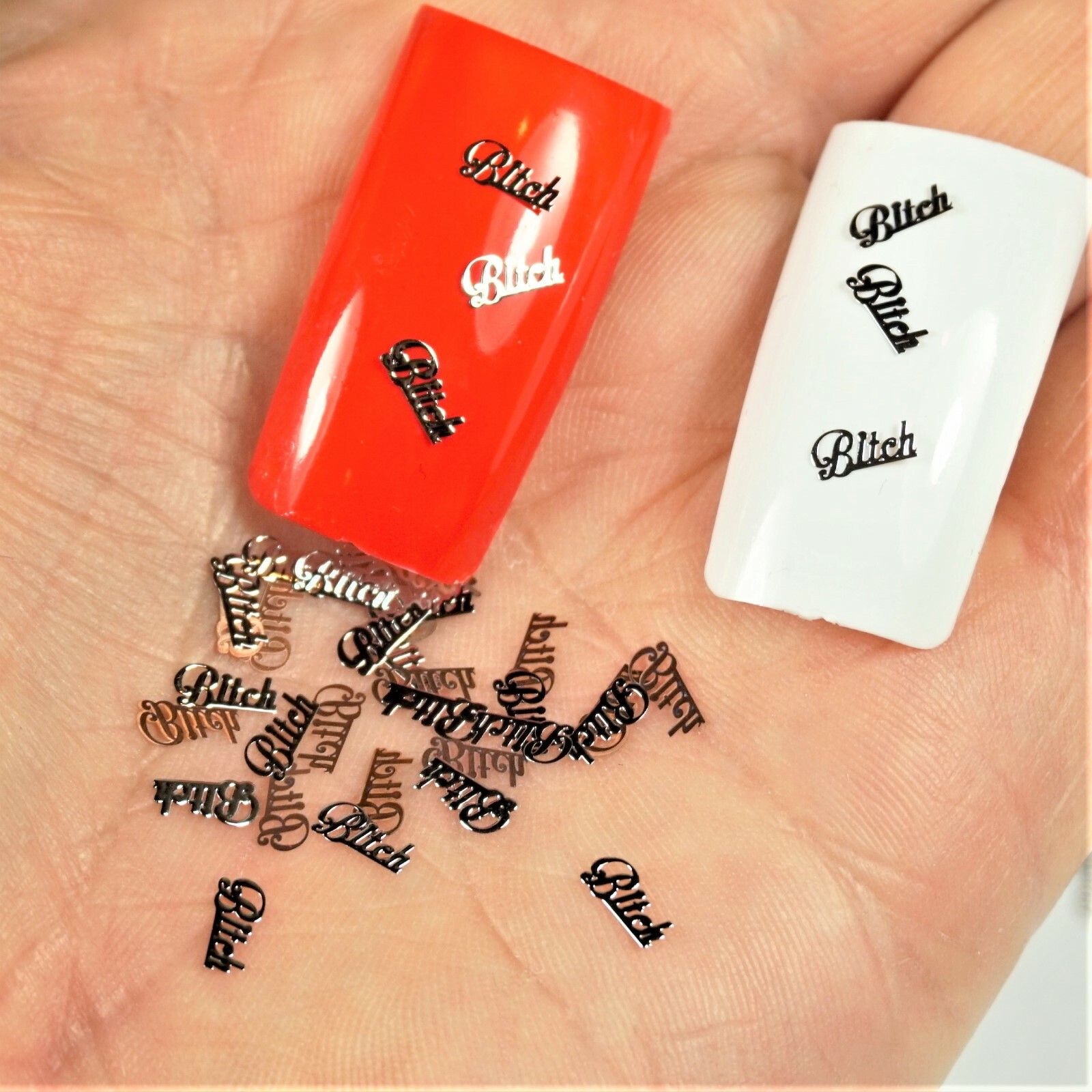 25 BITCH SILVER METAL CHARMS 3D NAIL ART SMALL GIFT IN BOX FOR WOMEN
