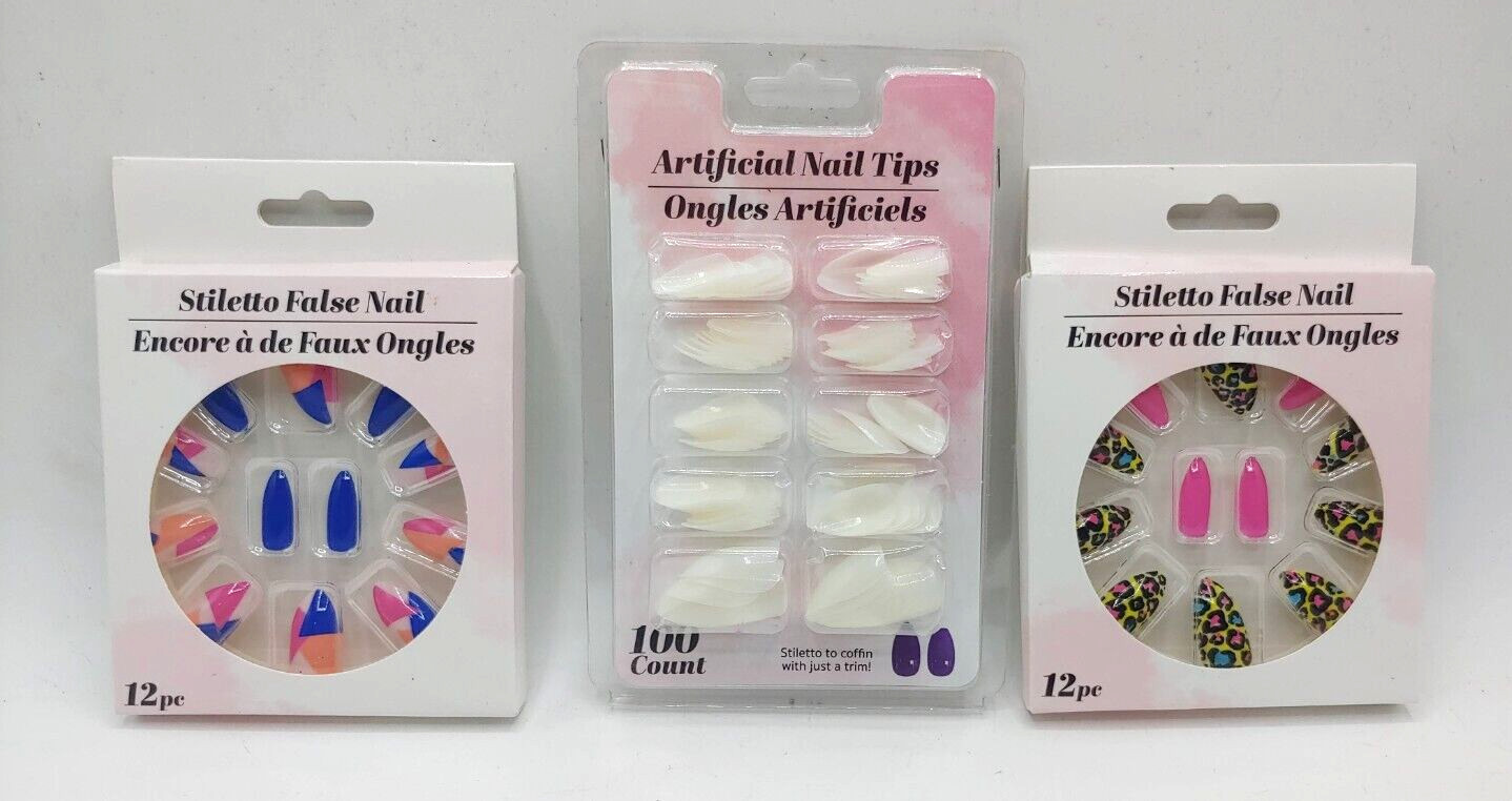 100 Count Artificial False Nail Tips + (2) 12 pc Stiletto Painted Nails R1