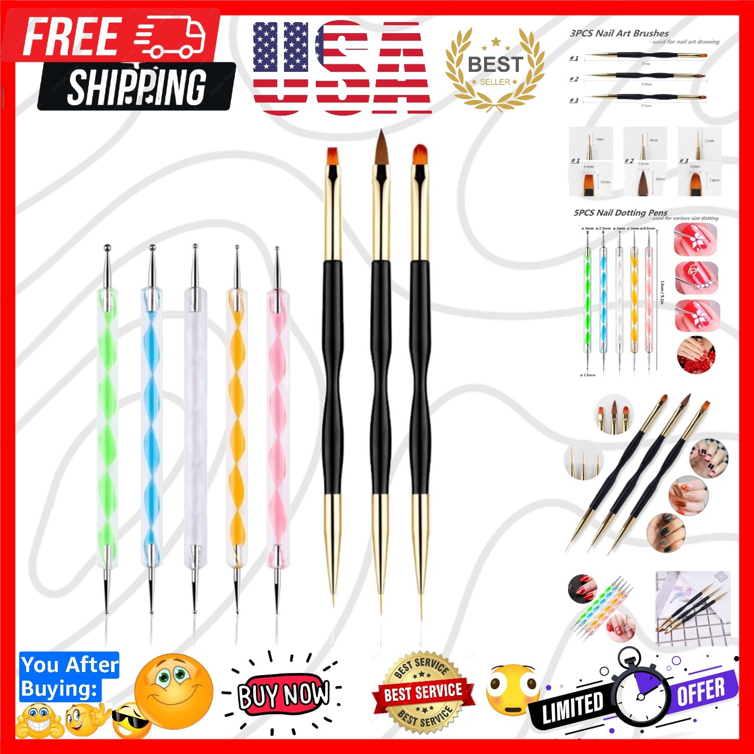 5PCS Dotting Pens with 3 PCS Nail Painting Brushes, Double Ended Brush and Do…