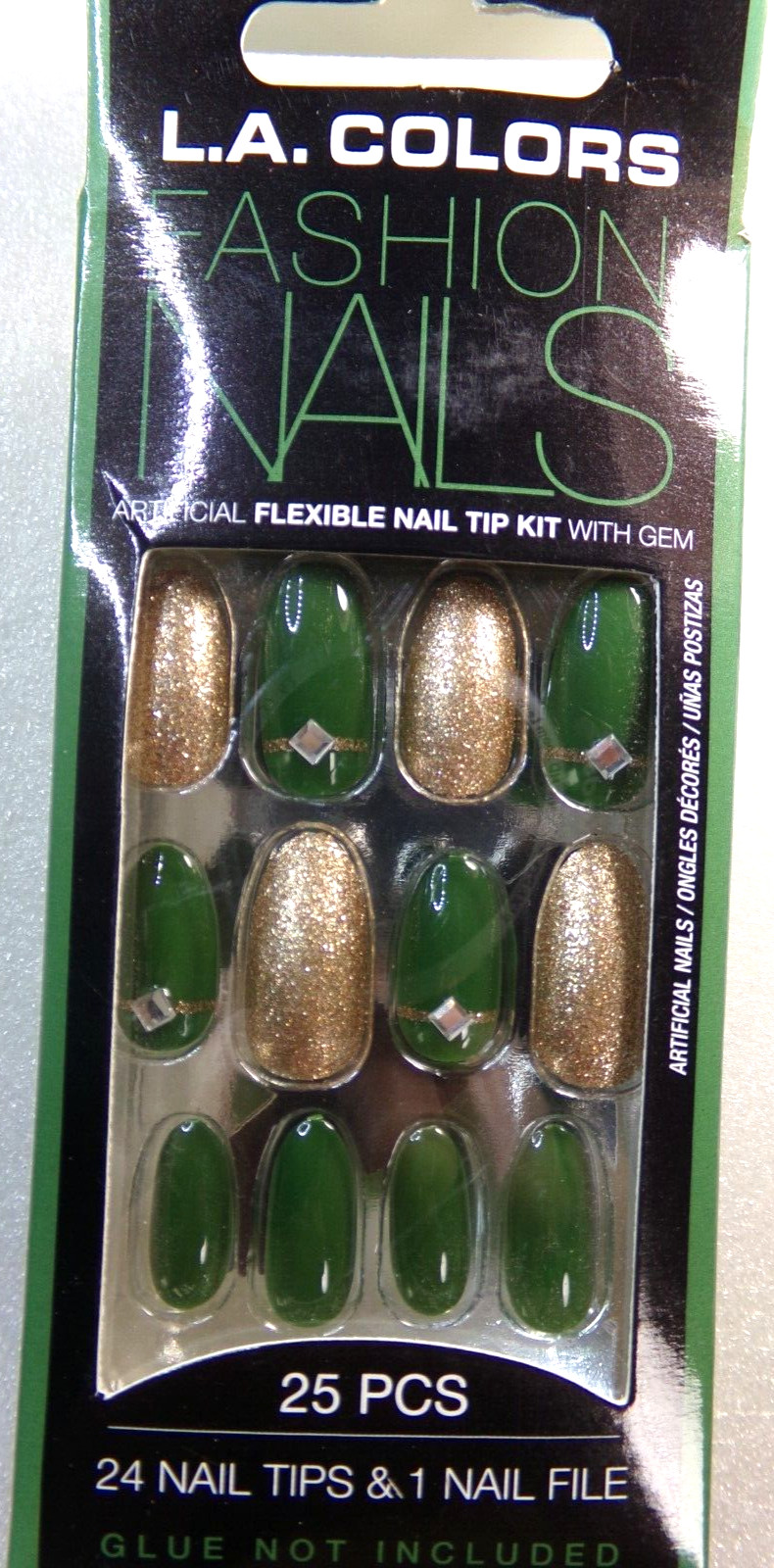 LA Colors Fashion Nails Shiny Dark Green GLUE-On Medium