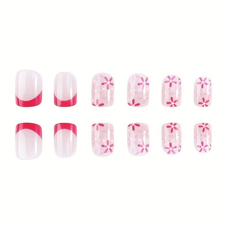 48 Pcs of Spring/summer Pink Flower Short Gloss Detachable and Reusable Nail Art