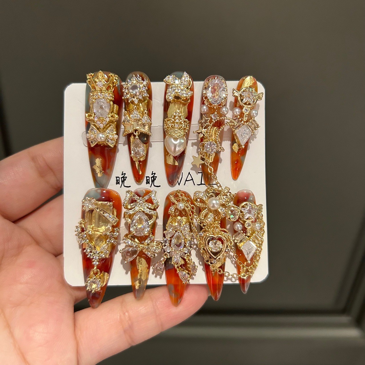Amber Handmade Press On Nails Full Zircon Design