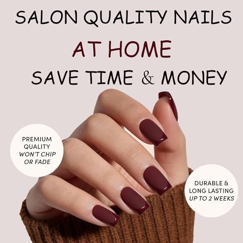 Dark Red Press On Nails Square -Short Red Nails with Glossy B-Merlot Red Square