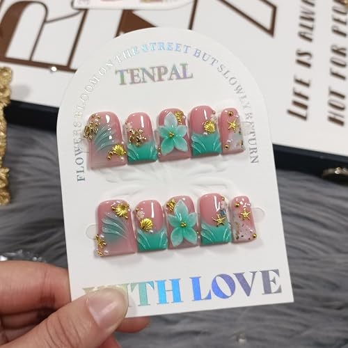 Duckbill Press on Nails – Ocean 3D Floral Teal Blushing Ombre L Dark Green