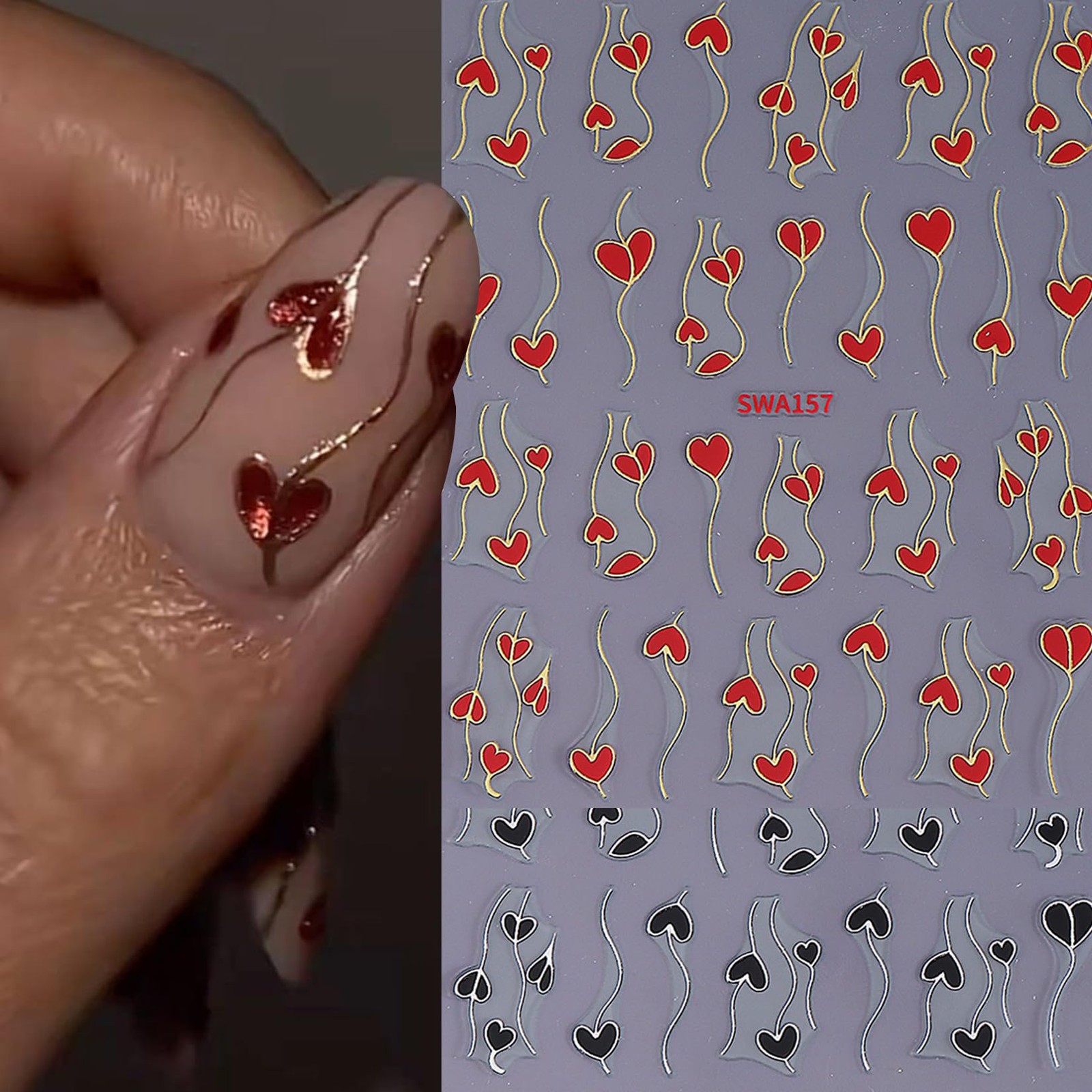 Heart Nail Art Stickers Decals 12PCS Sparkling Love Heart Vine Nail Decals 3D…