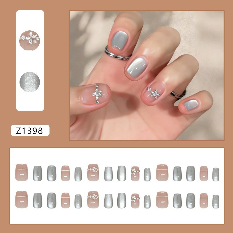Glitter Gradient Press On Nails Short Style with Floral Sparkle 15 Sizes