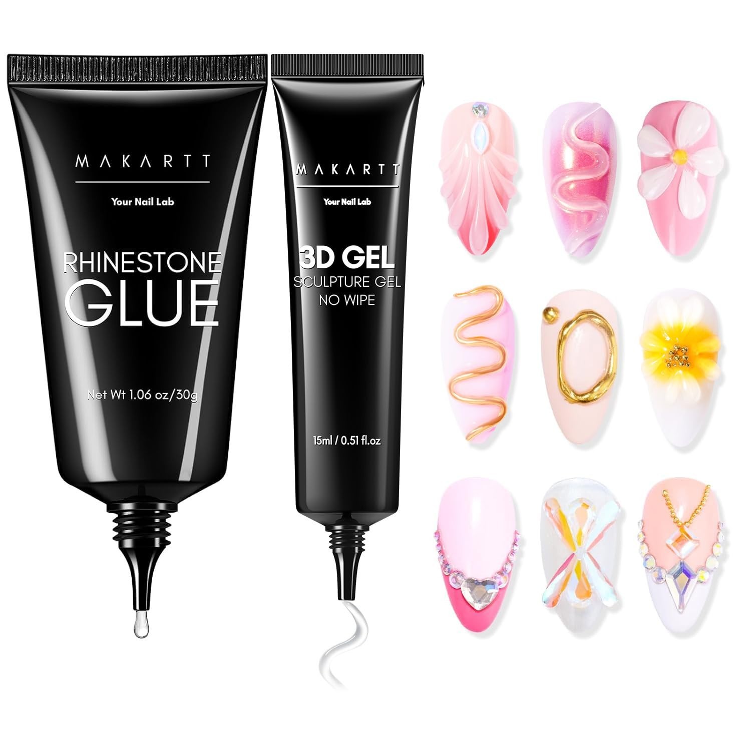 Rhinestone Nail Glue Kit – 3D Gel Art, UV/LED Cured, 15ml & 30ml Gem Adhesive fo