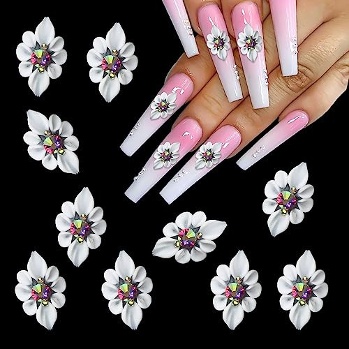 10 Pcs White Simulation Flowers Nail Charms 3D Carve Flowers Charms for Nails
