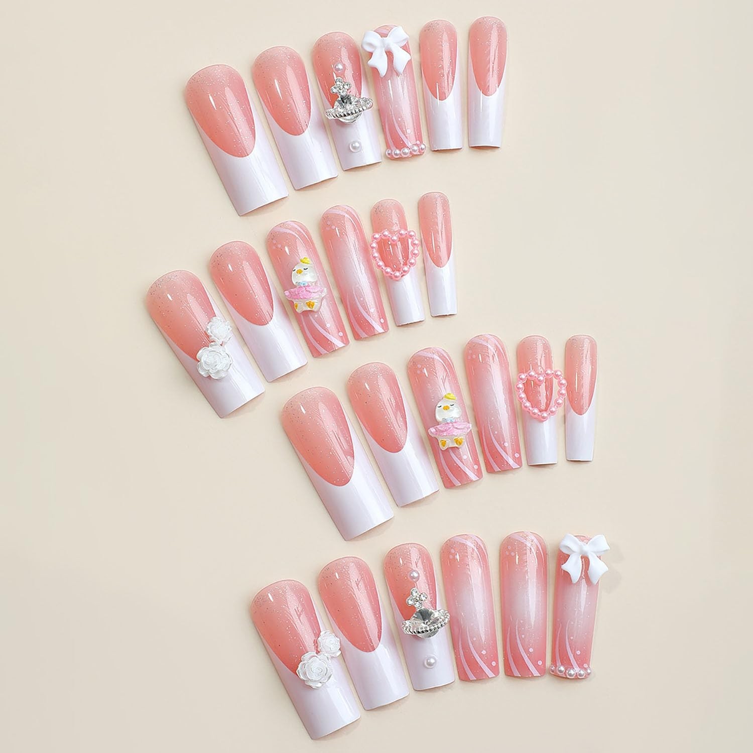 Long Square Press on Nails with Charm French Tip Fake Nails Full Cover Bow He…