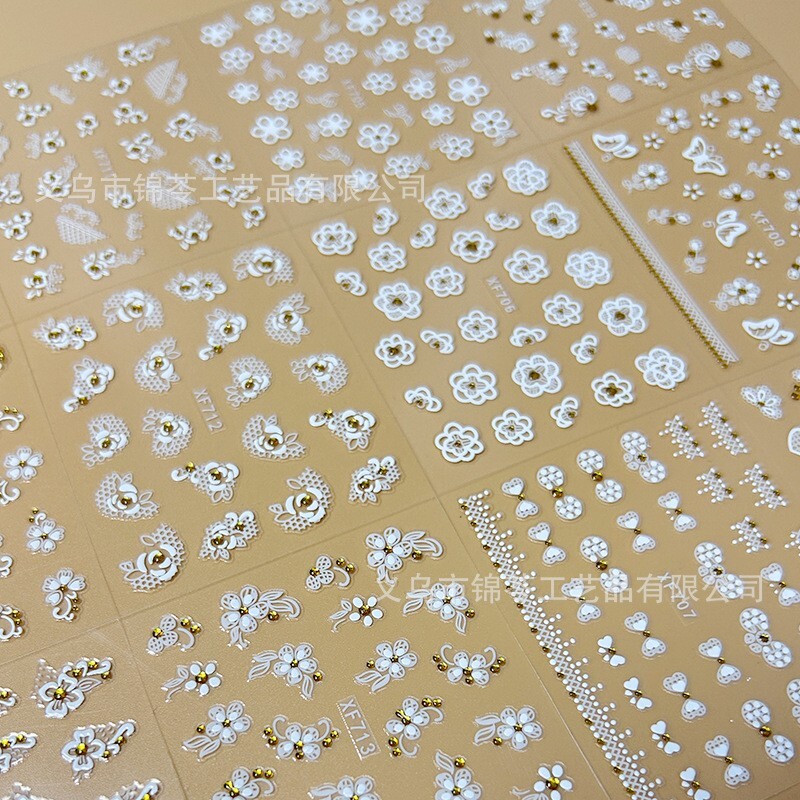 10sheets White Lace Daisy Flower Gold Rhinestones Nail Art Stickers Decor XF