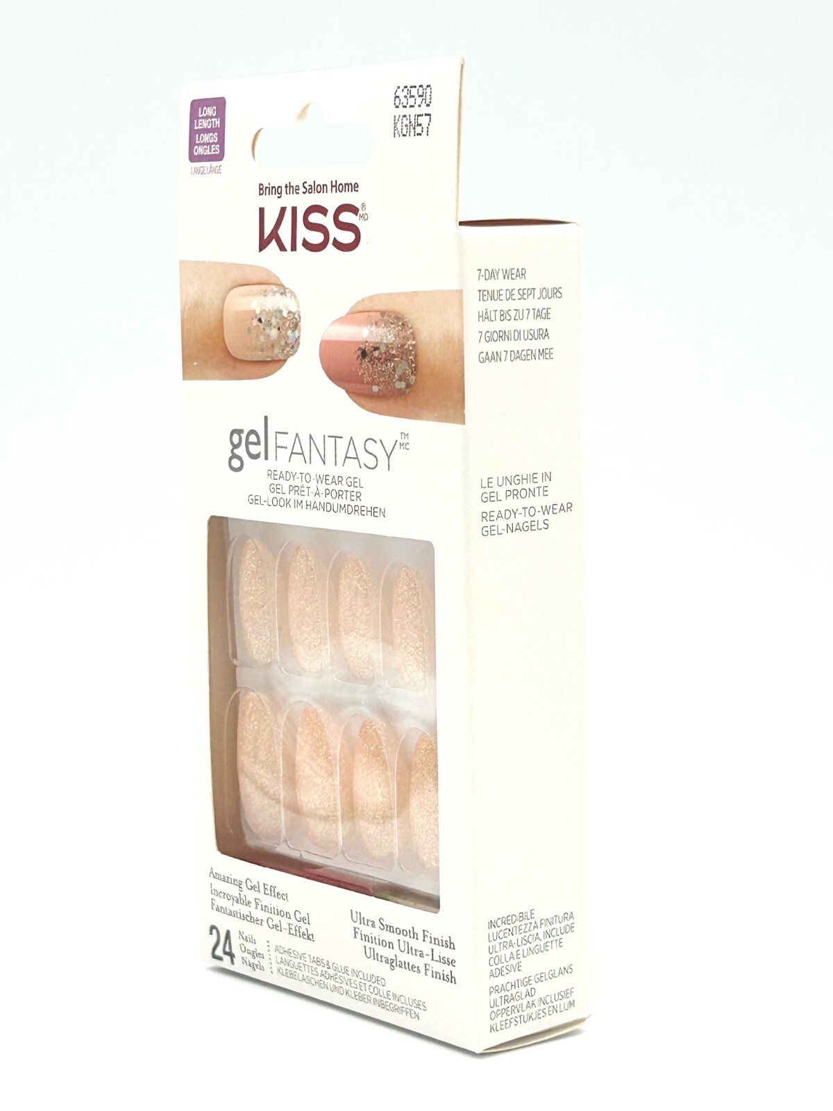 Kiss Glue-On Nails, Long-Length Peach Glitter Smooth Finish, Glue Included 63590