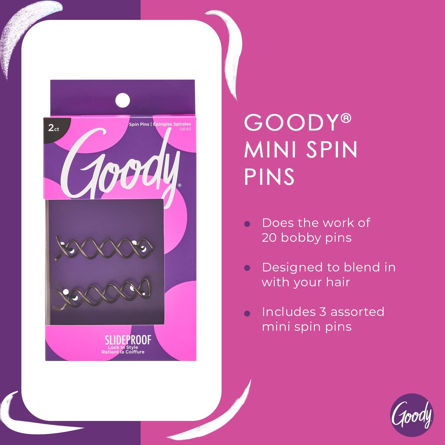 Goody Mini Spin Pins, 2 Ct, Spiral Clips for 2 Count (Pack of 1), 2